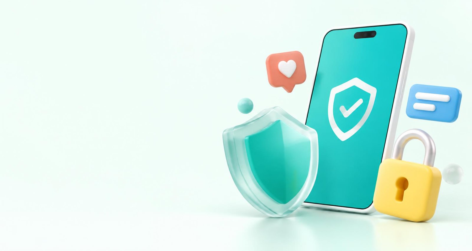 A friendly smartphone and protective shield, with a heart, message bubble and yellow lock